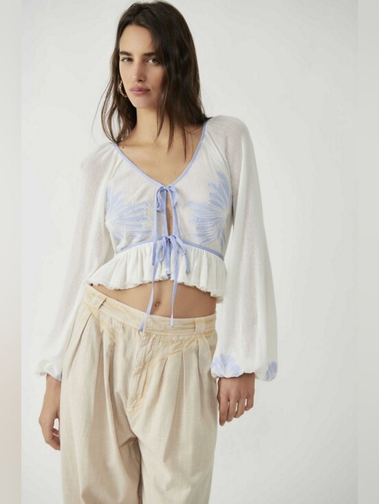 Free People Tops - Free People Lookout Tie Front Embroidered Crop Top White Blue XS
